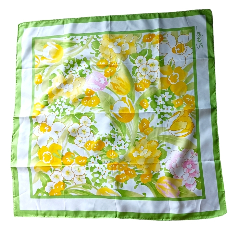 Vintage Avon Womens Scarf Floral Bright Yellow Green Tangerine Water Resistant
